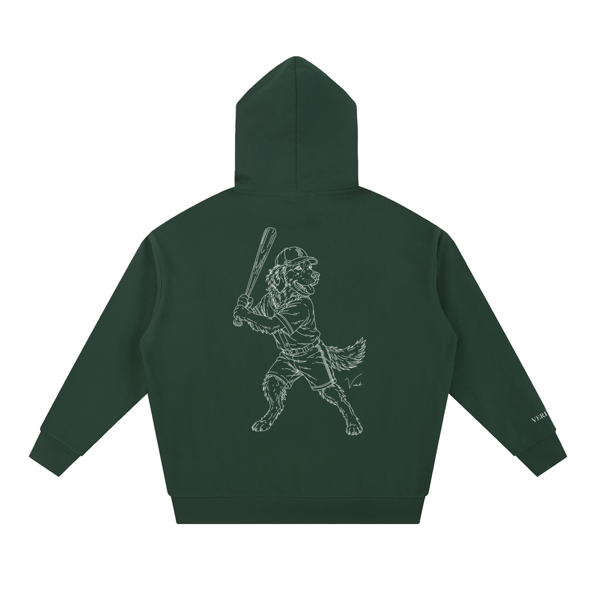 Dog Days Whiff hoodie in blackish green, back with hand-drawn golden retriever batter in a ball cap