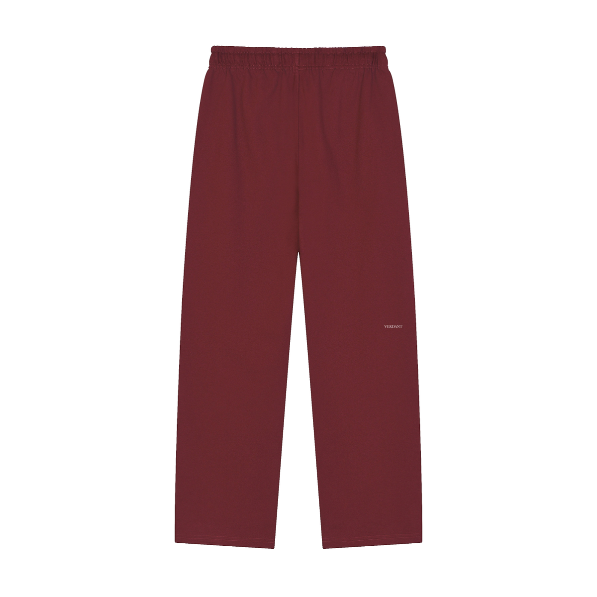 Dog Days heavyweight sweatpants in dull red, back with small VERDANT wordmark on the leg