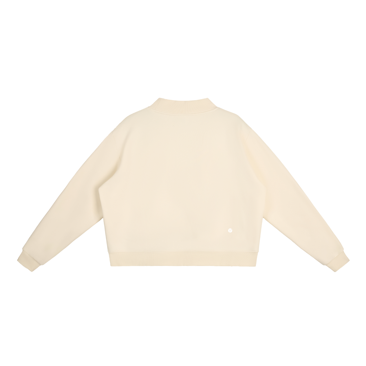 Verdant mock-neck crewneck in cream apricot, back with small Verdant V logo