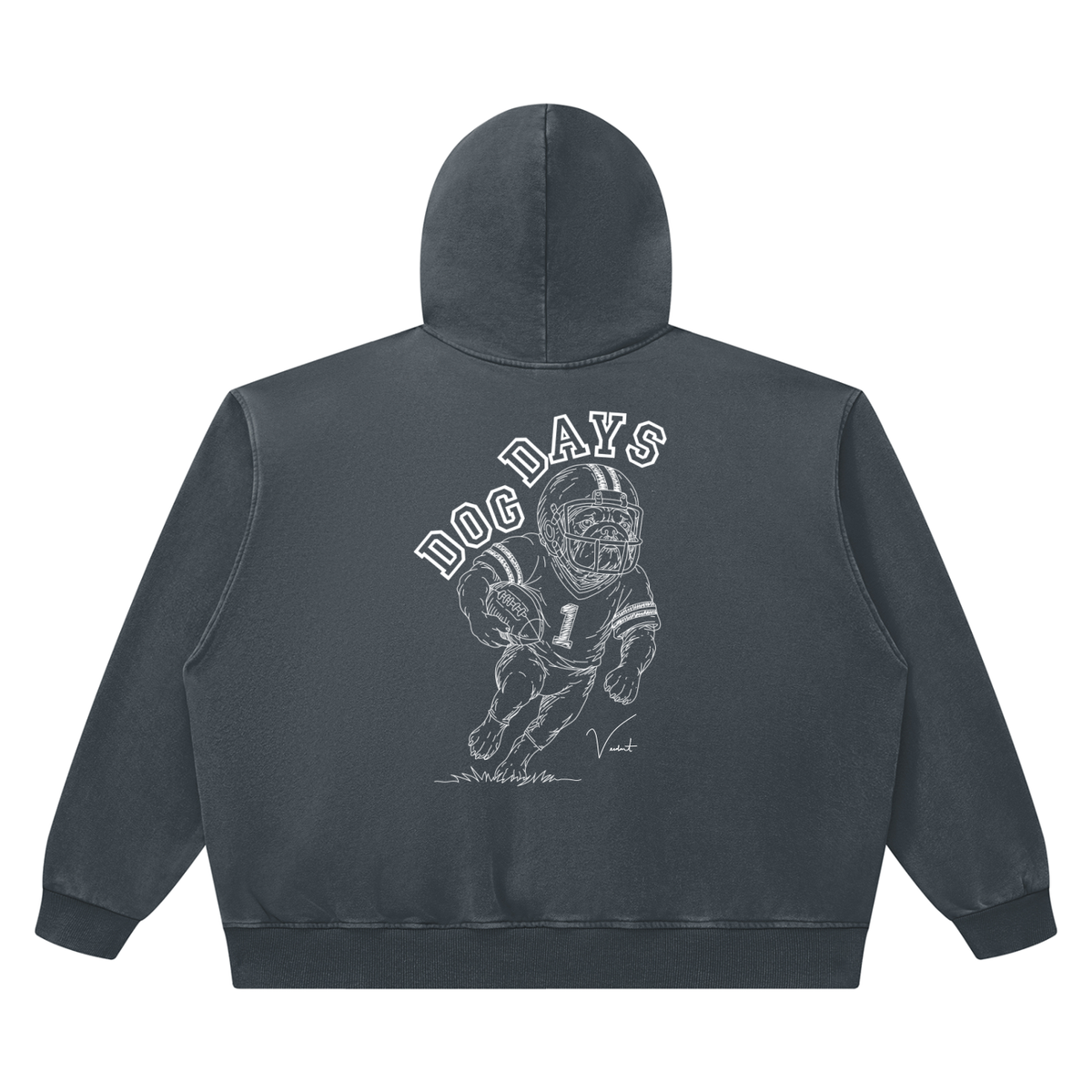Dog Days Fumble hoodie in washed blue, back with hand-drawn bulldog football player under arched DOG DAYS lettering