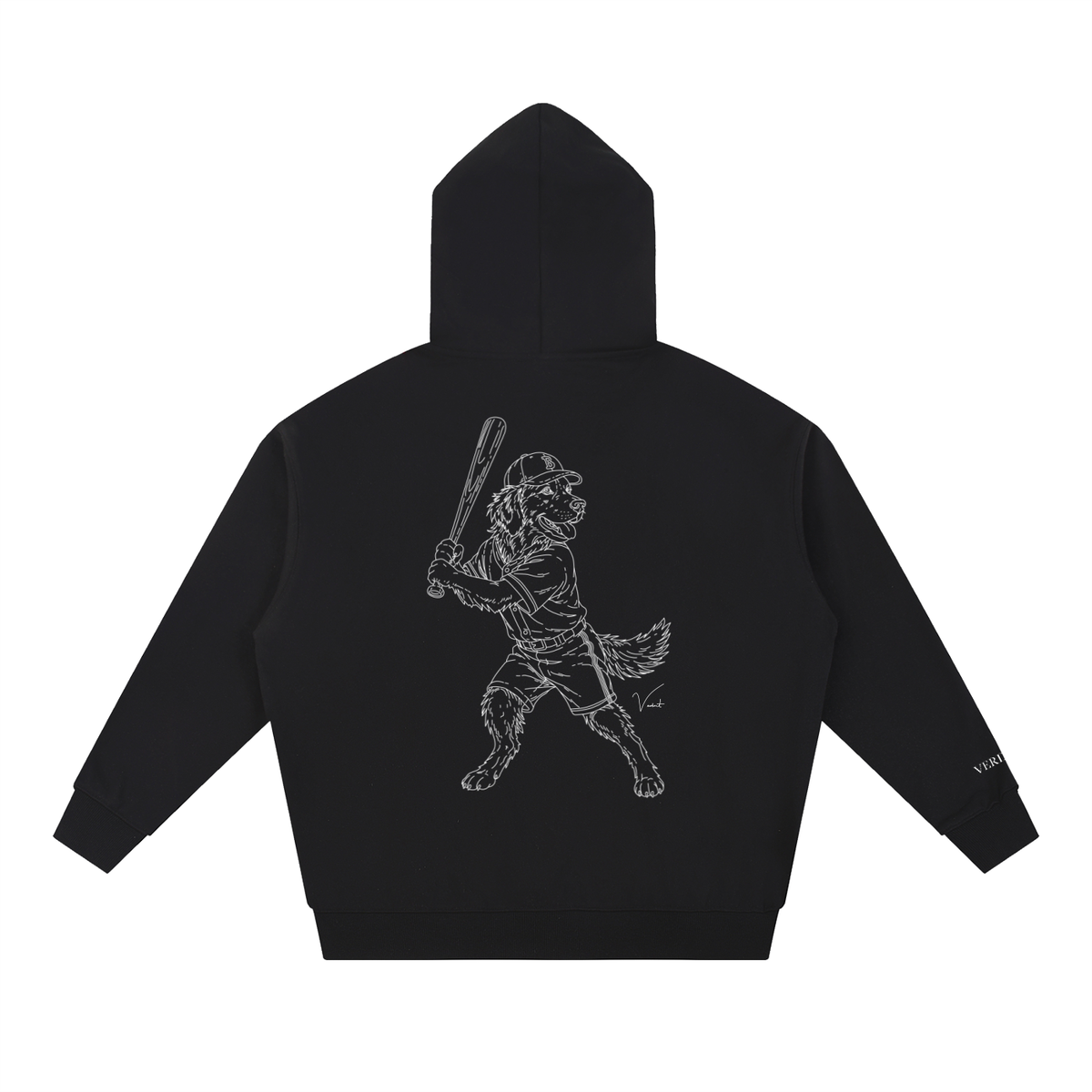 Dog Days Whiff hoodie in black, back with hand-drawn golden retriever batter in a ball cap