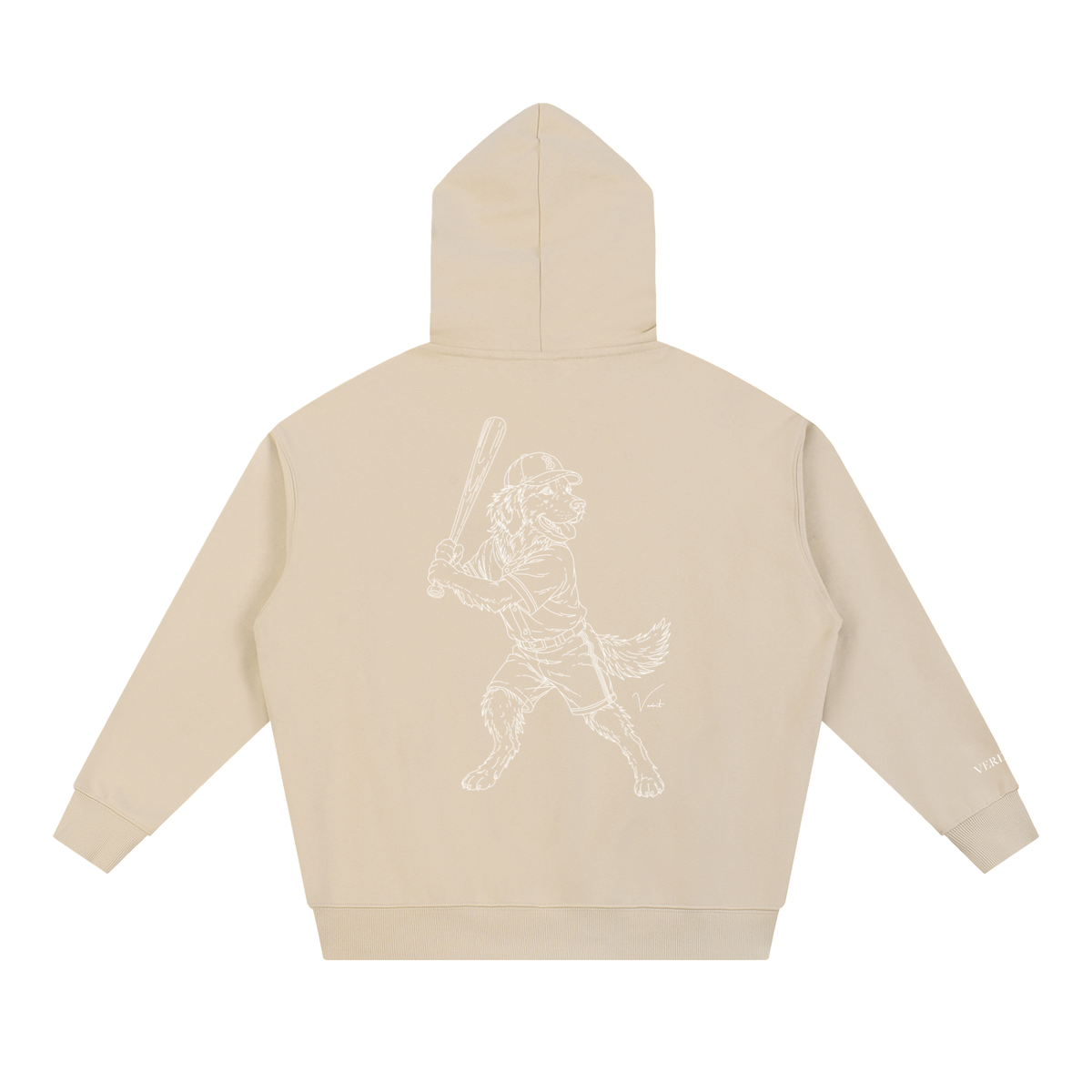Dog Days Whiff hoodie in apricot, back with hand-drawn golden retriever batter in a ball cap