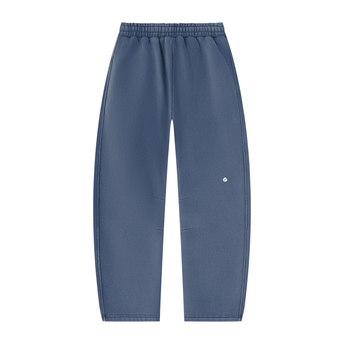 Wild Ones vintage wash barrel-leg sweatpants in washed blue, back with small Verdant V logo on the leg