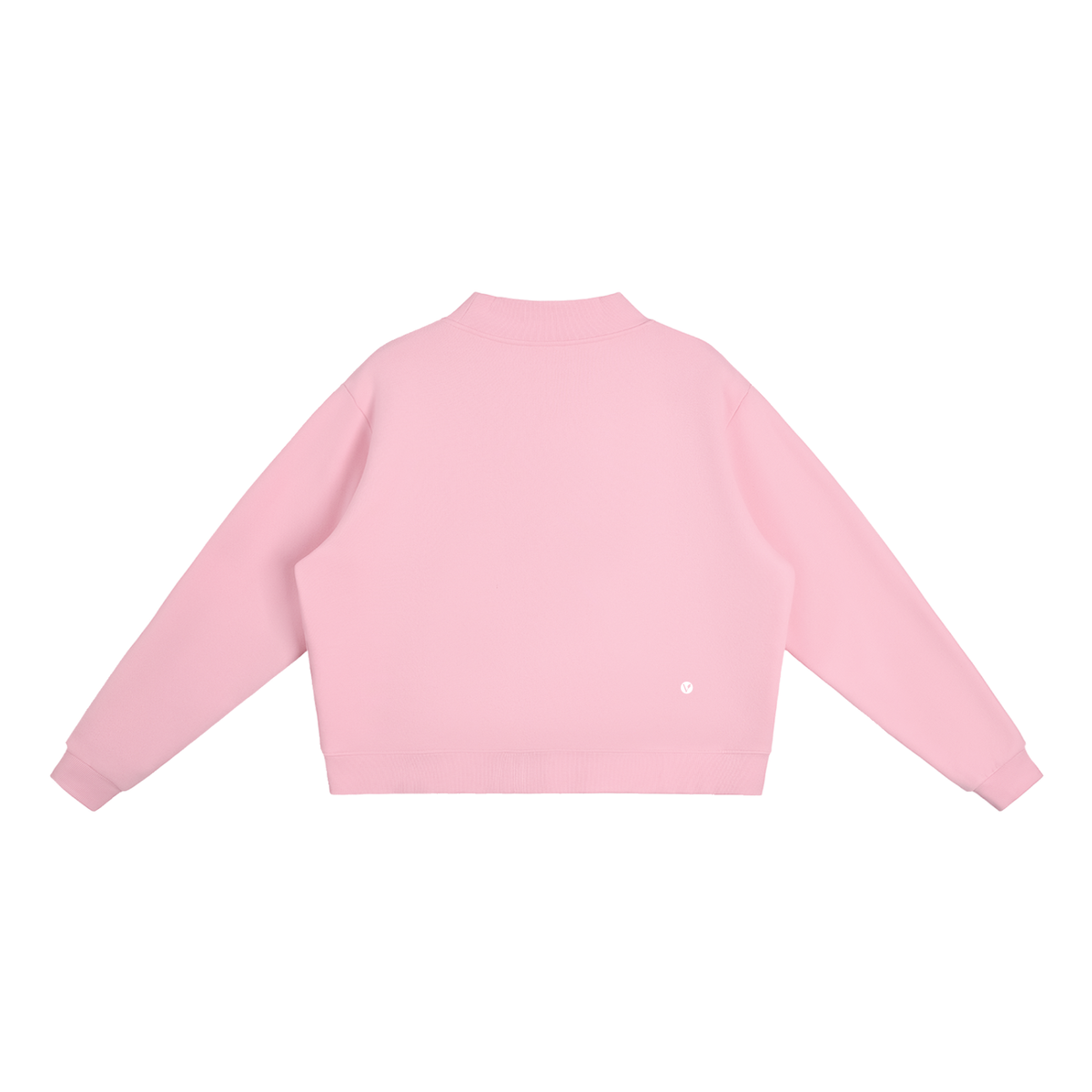 Verdant mock-neck crewneck in pink, back with small Verdant V logo