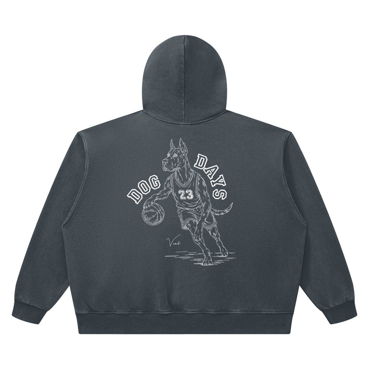 Dog Days Airball hoodie in washed blue, back with hand-drawn Great Dane basketball player under arched DOG DAYS lettering