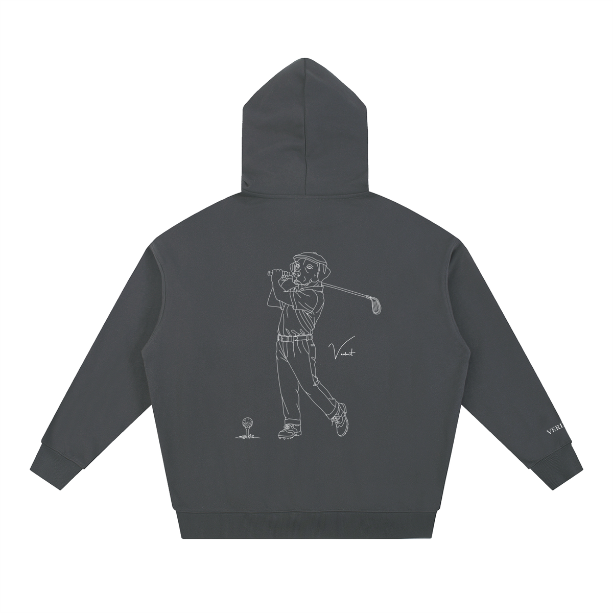 Dog Days Mulligan hoodie in dark gray, back view with hand-drawn lab golfer mid-swing