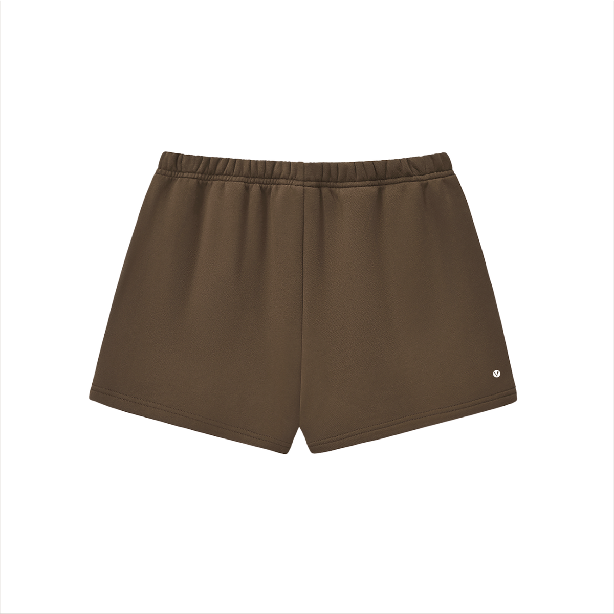 Verdant drawstring sweatshorts in brown, back with small Verdant V logo on the leg
