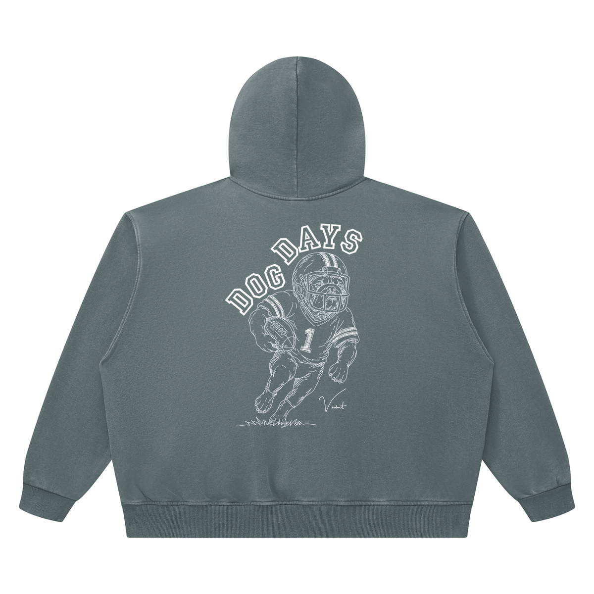 Dog Days Fumble hoodie in gray blue, back with hand-drawn bulldog football player under arched DOG DAYS lettering
