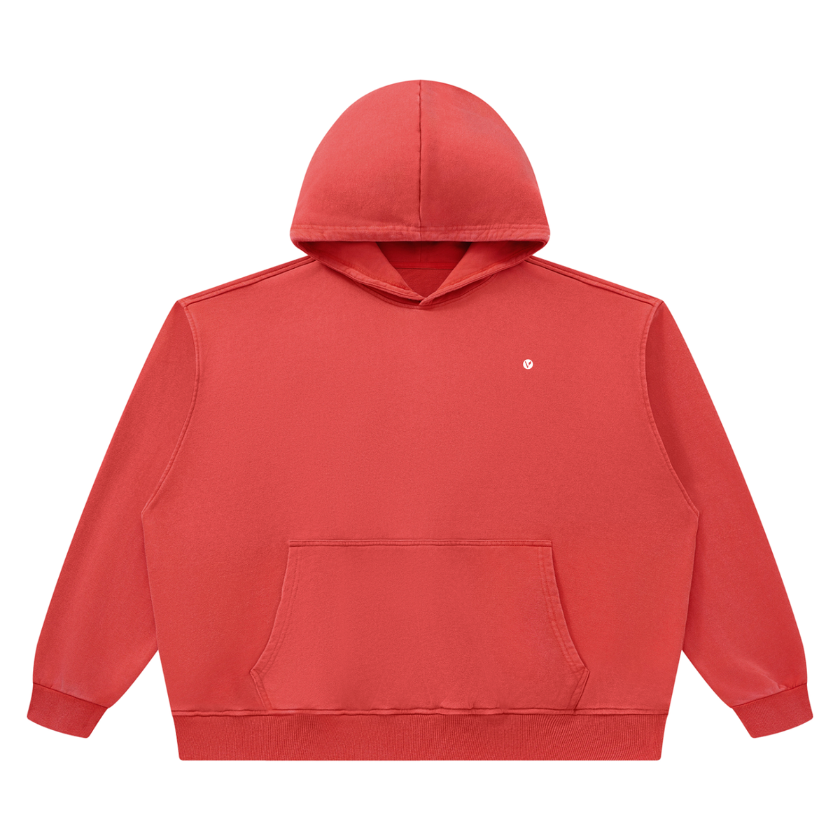Dog Days Airball hoodie in washed red, front with small Verdant V on the chest