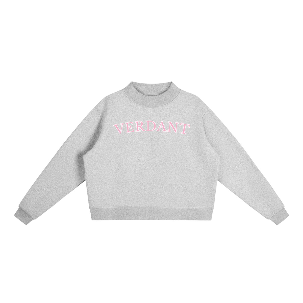 Verdant mock-neck crewneck in flower gray, front with arched VERDANT lettering