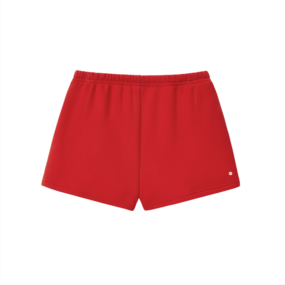 Verdant drawstring sweatshorts in red, back with small Verdant V logo on the leg