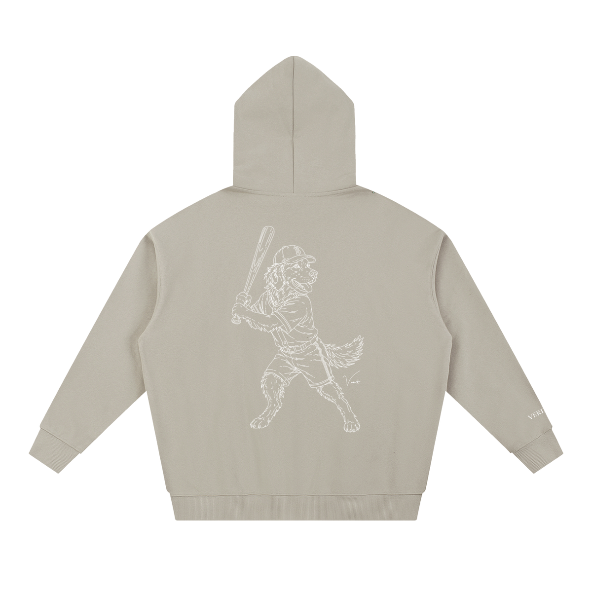 Dog Days Whiff hoodie in light gray, back with hand-drawn golden retriever batter in a ball cap