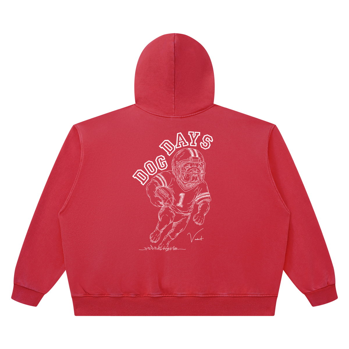 Dog Days Fumble hoodie in red, back with hand-drawn bulldog football player under arched DOG DAYS lettering