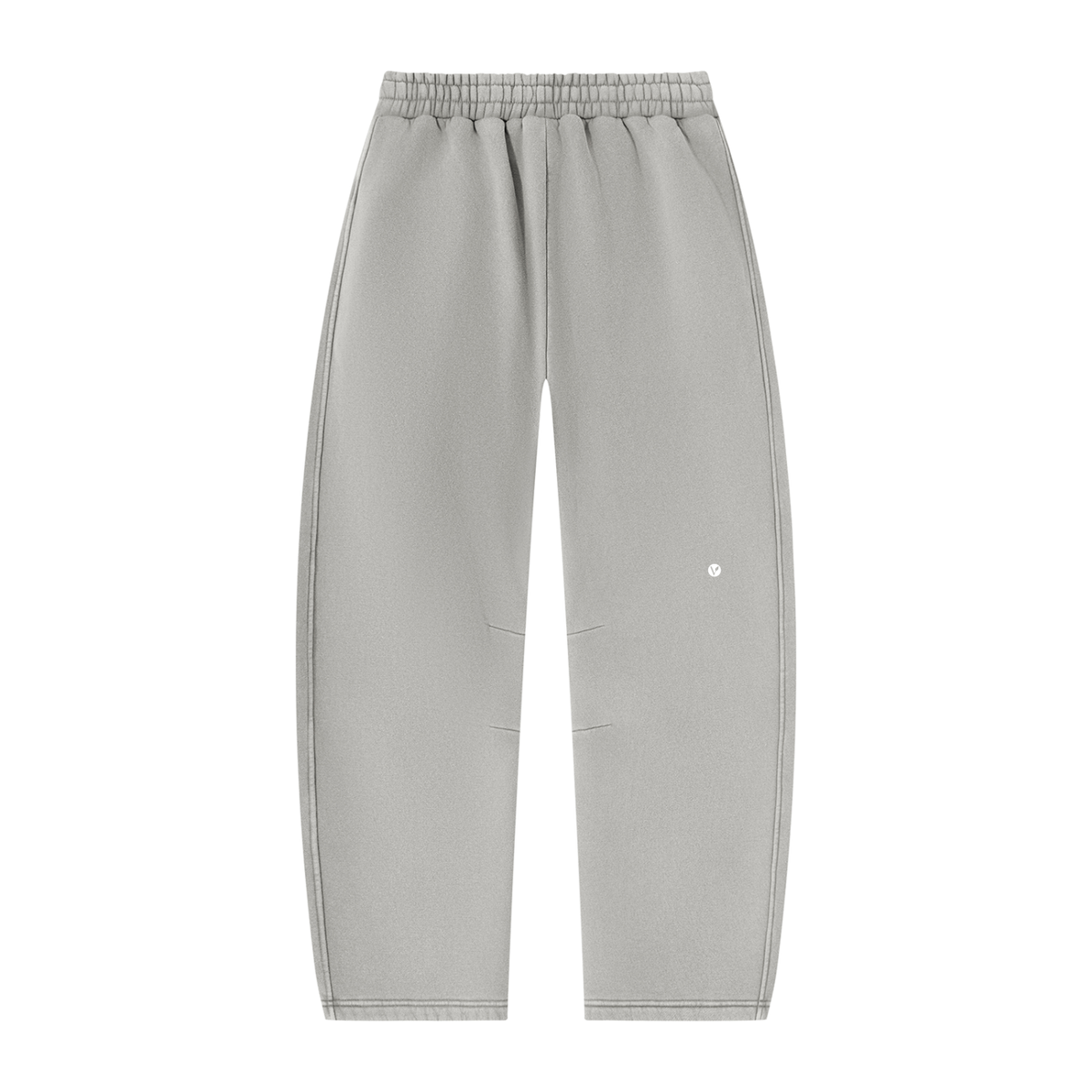 Wild Ones vintage wash barrel-leg sweatpants in light gray, back with small Verdant V logo on the leg