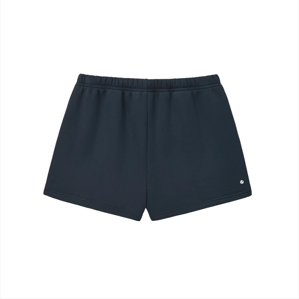 Verdant drawstring sweatshorts in navy blue, back with small Verdant V logo on the leg