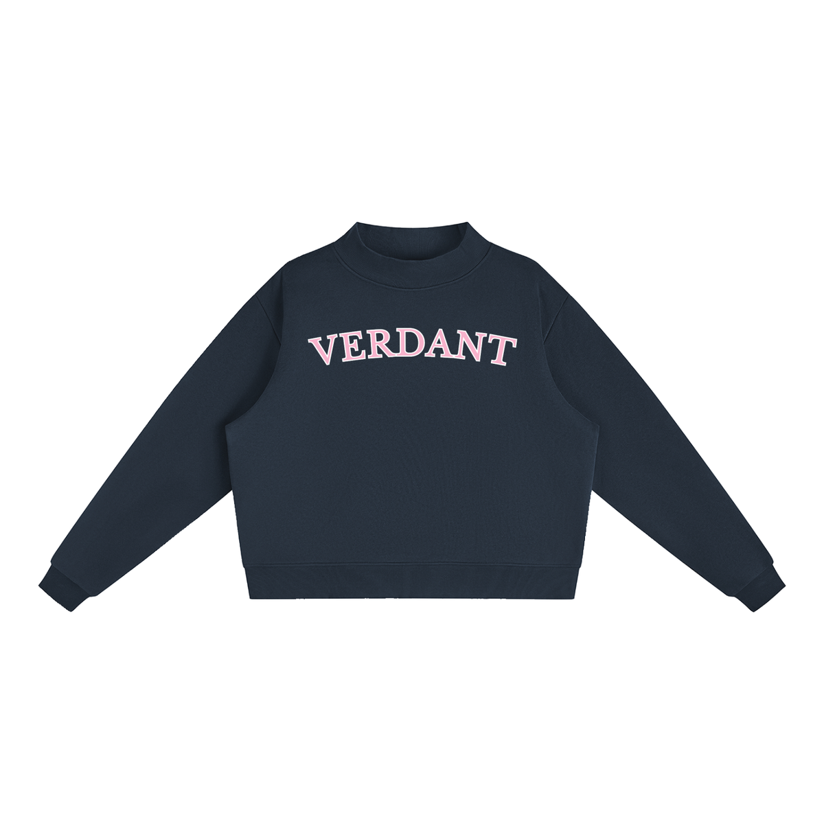 Verdant mock-neck crewneck in navy blue, front with arched VERDANT lettering