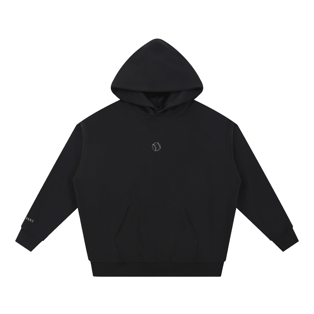 Dog Days Whiff hoodie in black, front with small baseball chest graphic