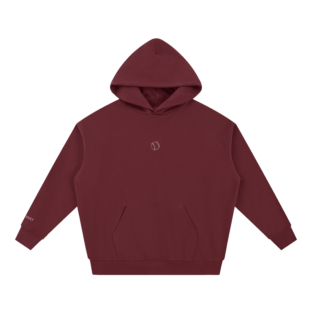 Dog Days Whiff hoodie in dull red, front with small baseball chest graphic
