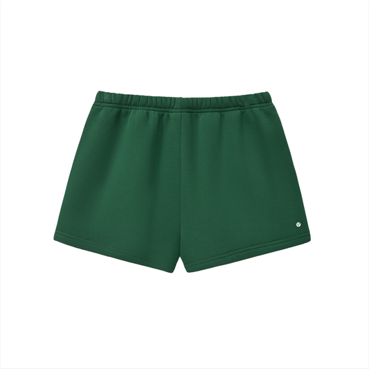 Verdant drawstring sweatshorts in blackish green, back with small Verdant V logo on the leg