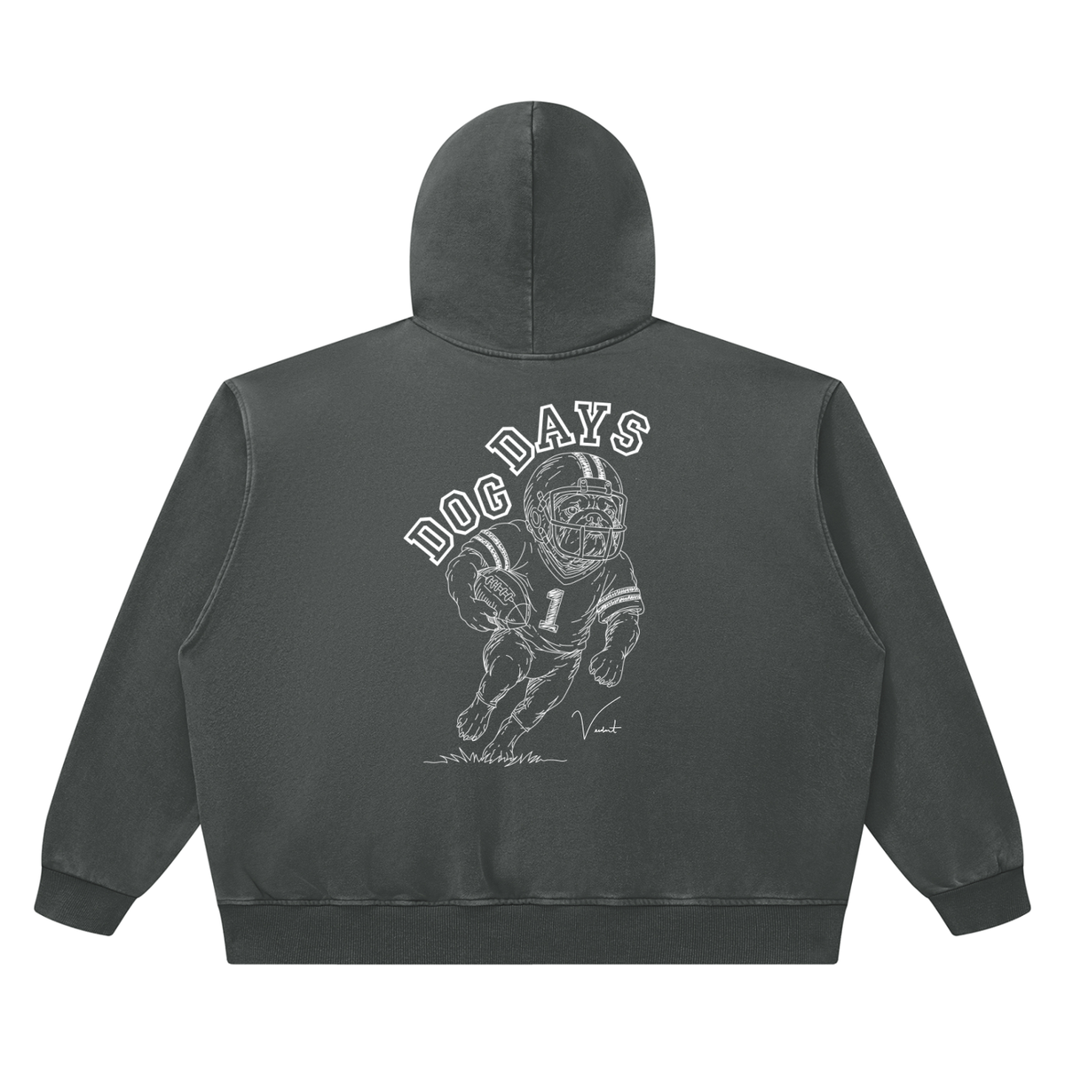 Dog Days Fumble hoodie in dark gray, back with hand-drawn bulldog football player under arched DOG DAYS lettering