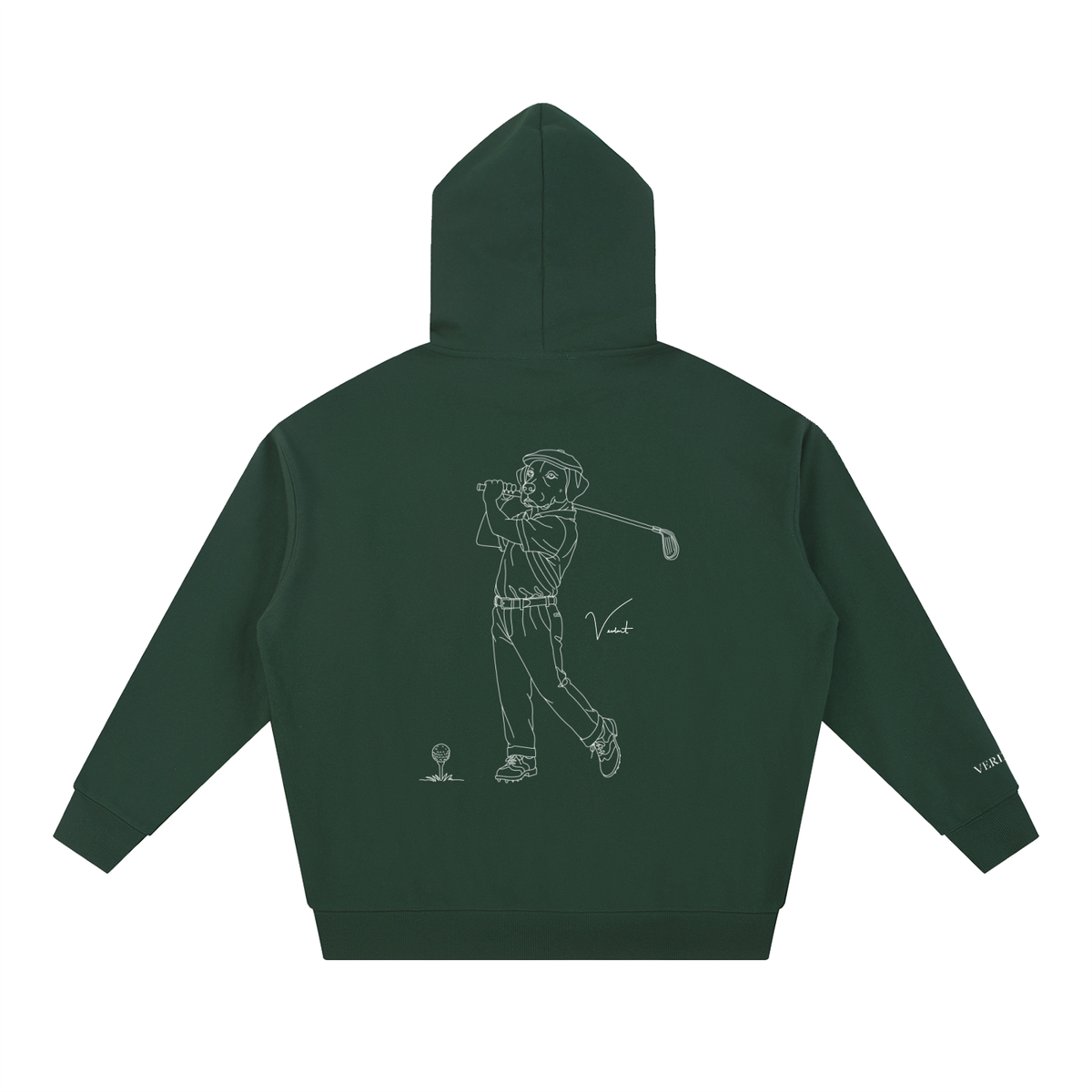 Dog Days Mulligan hoodie in blackish green, back view with hand-drawn lab golfer mid-swing