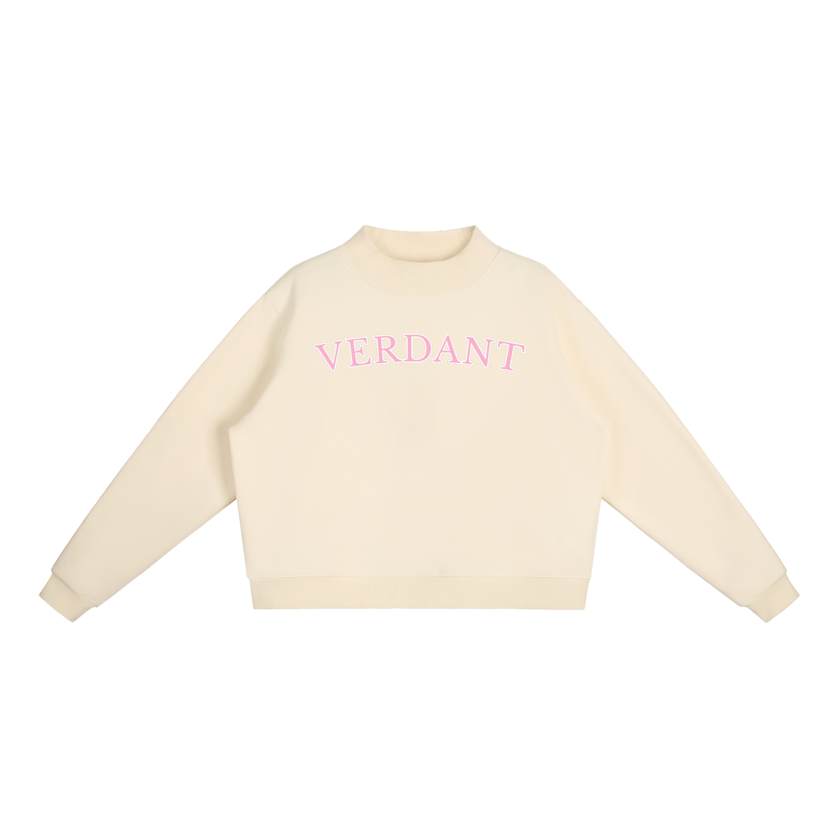 Verdant mock-neck crewneck in cream apricot, front with arched VERDANT lettering