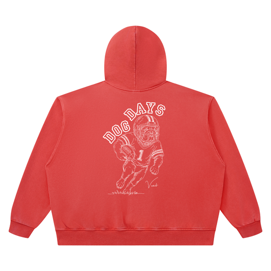 Dog Days Fumble hoodie in washed red, back with hand-drawn bulldog football player under arched DOG DAYS lettering