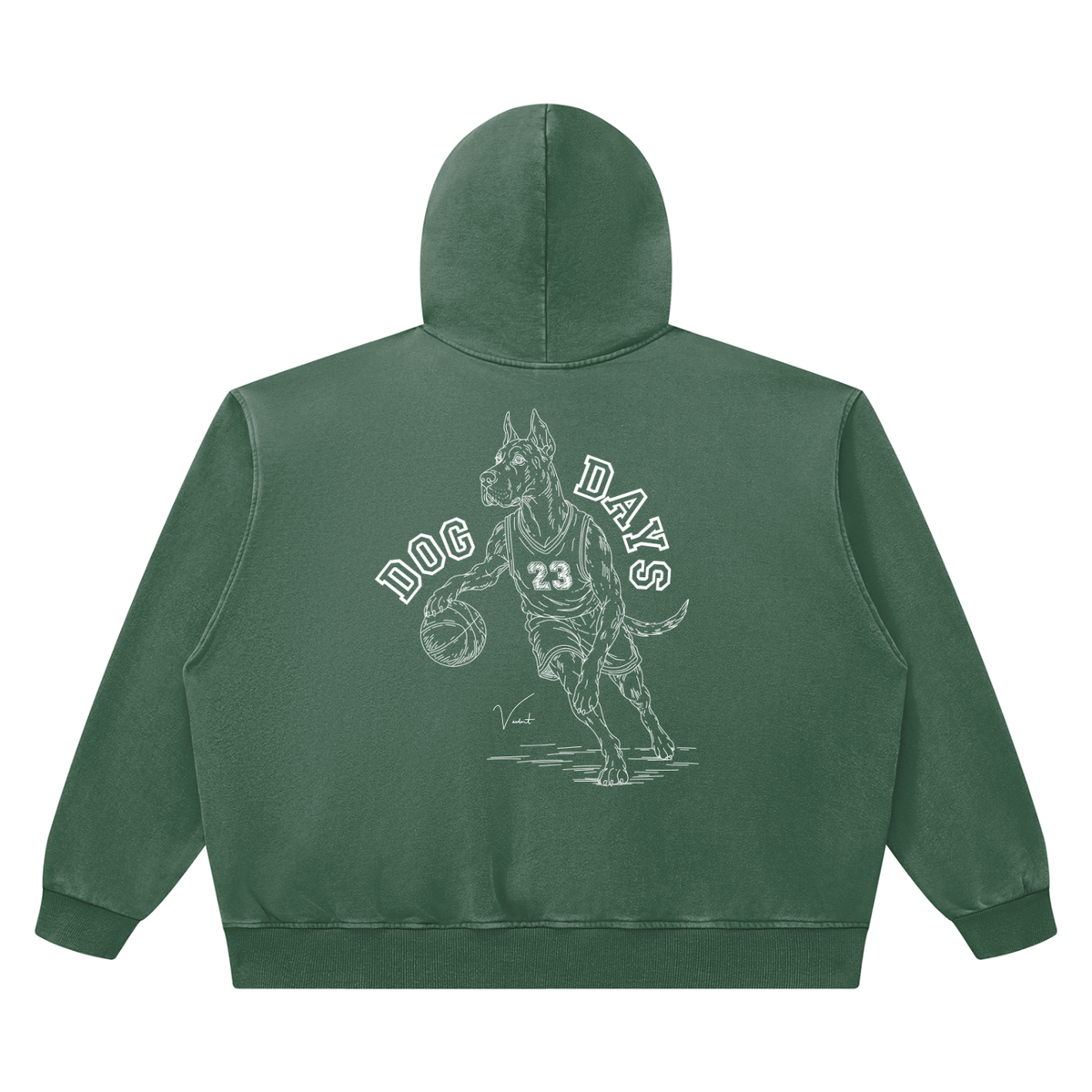 Dog Days Airball hoodie in blackish green, back with hand-drawn Great Dane basketball player under arched DOG DAYS lettering