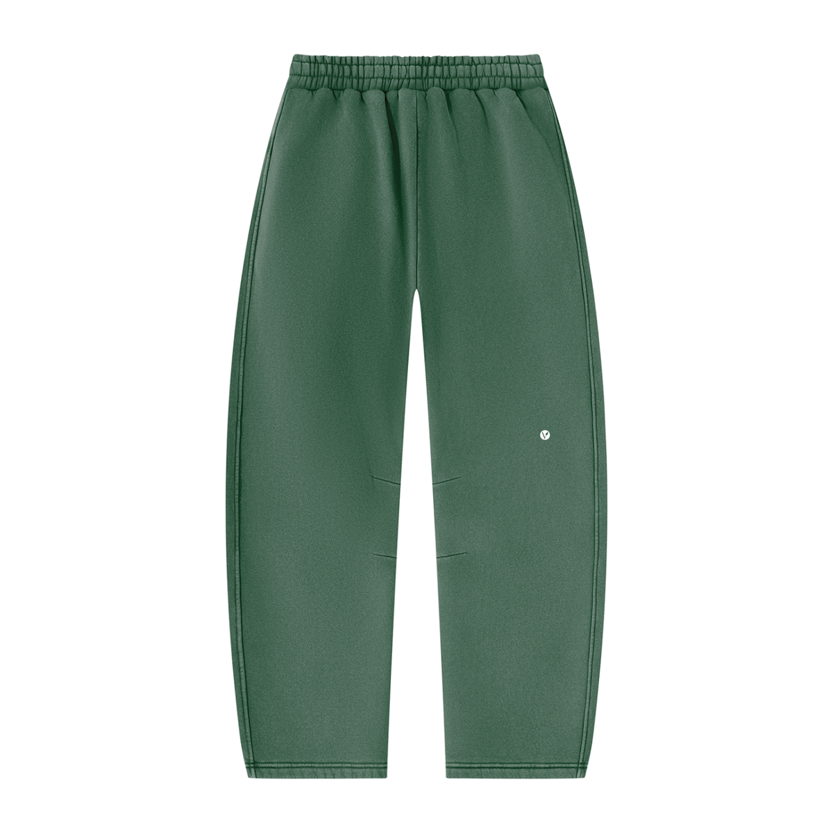 Wild Ones vintage wash barrel-leg sweatpants in dark green, back with small Verdant V logo on the leg