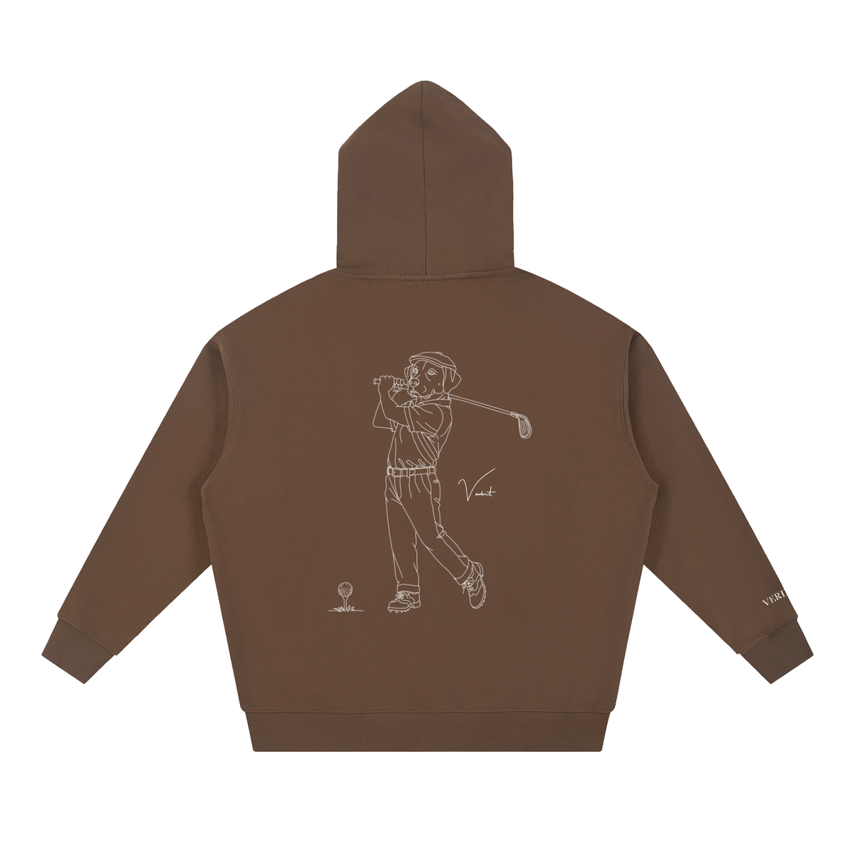 Dog Days Mulligan hoodie in coffee, back view with hand-drawn lab golfer mid-swing
