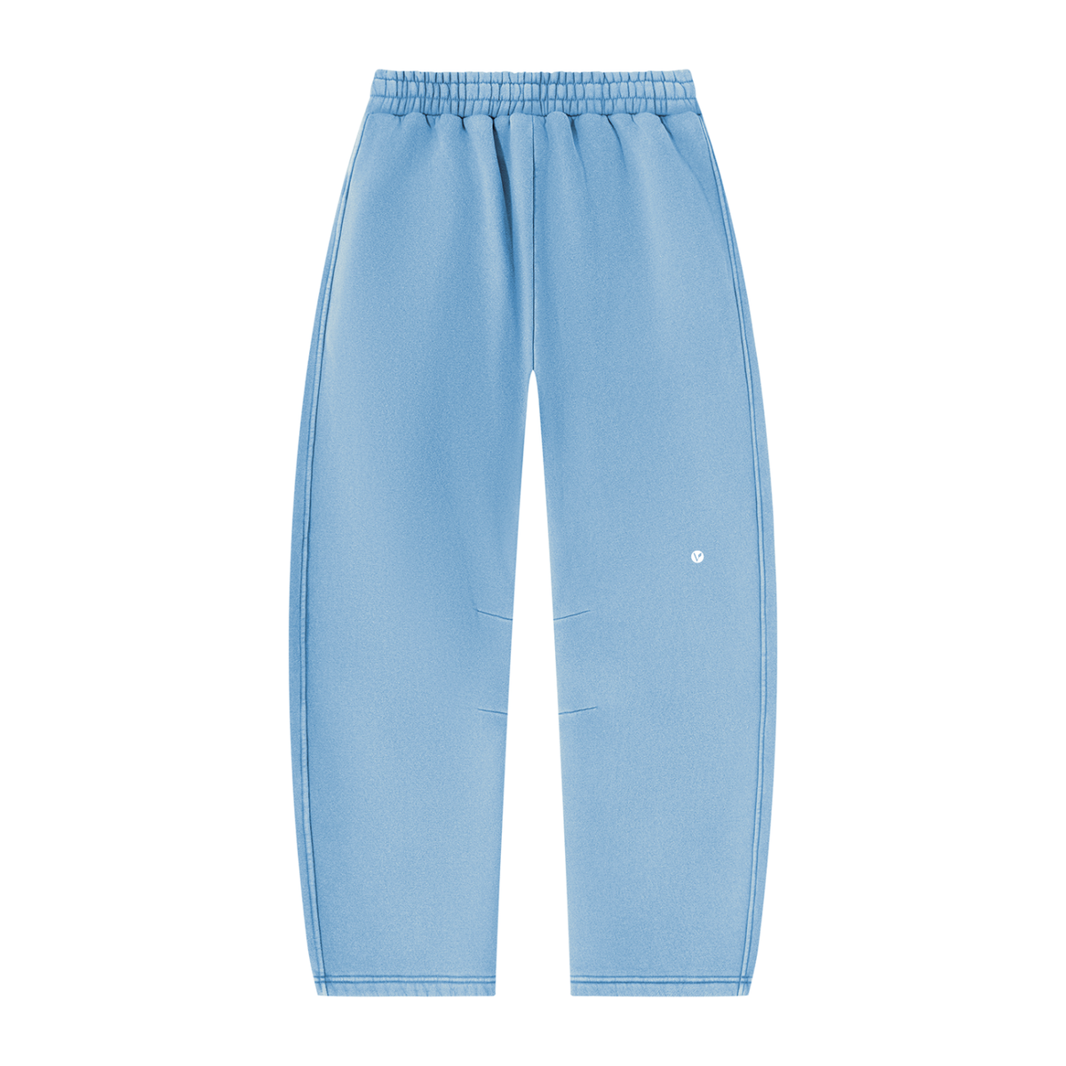 Wild Ones vintage wash barrel-leg sweatpants in light blue, back with small Verdant V logo on the leg