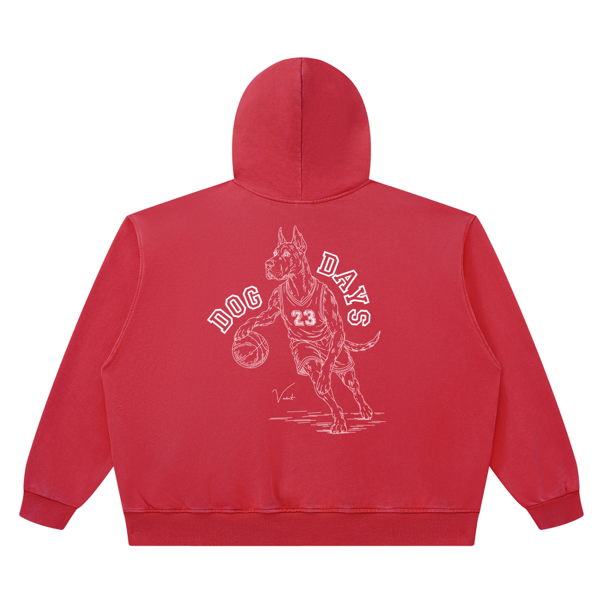 Dog Days Airball hoodie in red, back with hand-drawn Great Dane basketball player under arched DOG DAYS lettering