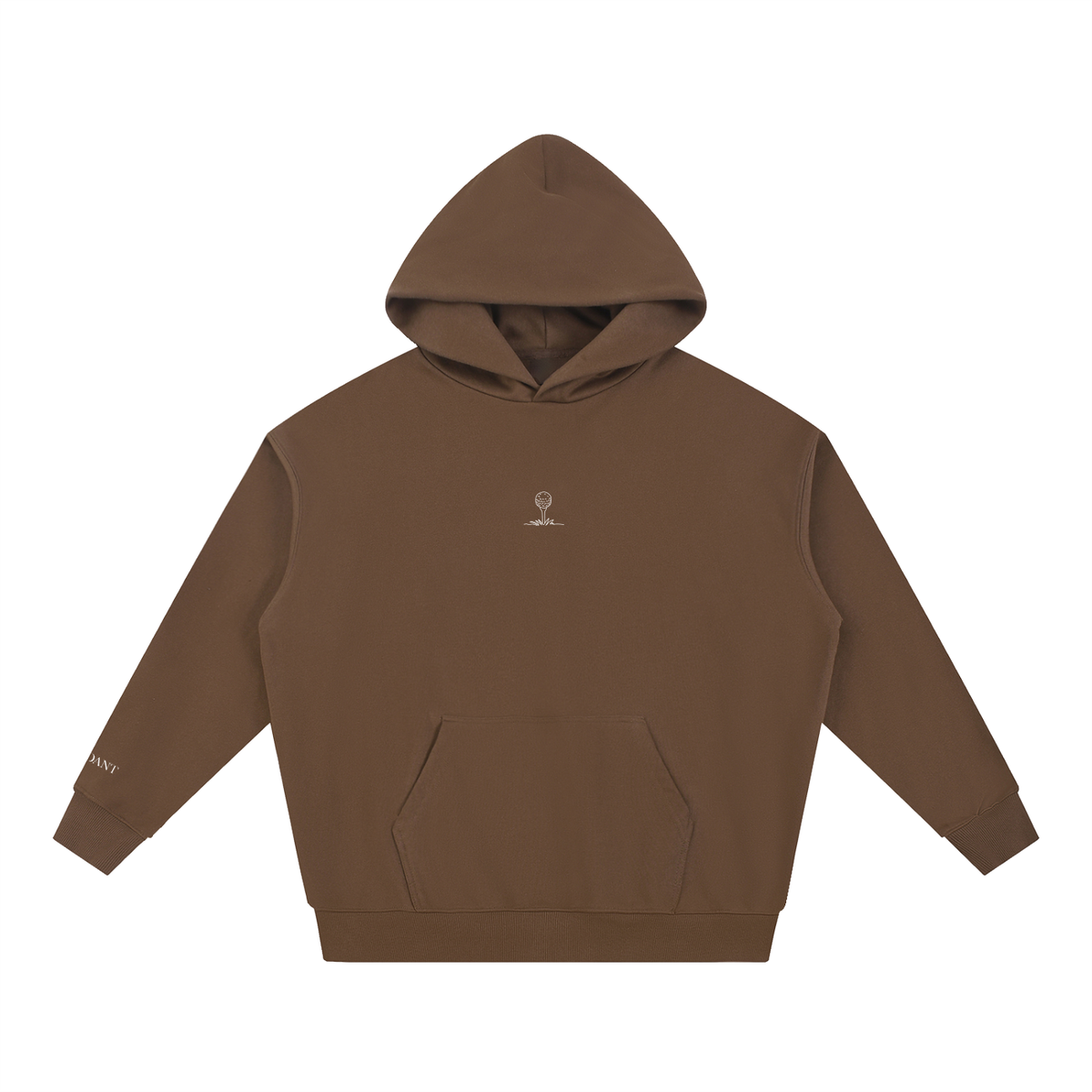 Dog Days Mulligan hoodie in coffee, front view with small ball-on-tee chest graphic