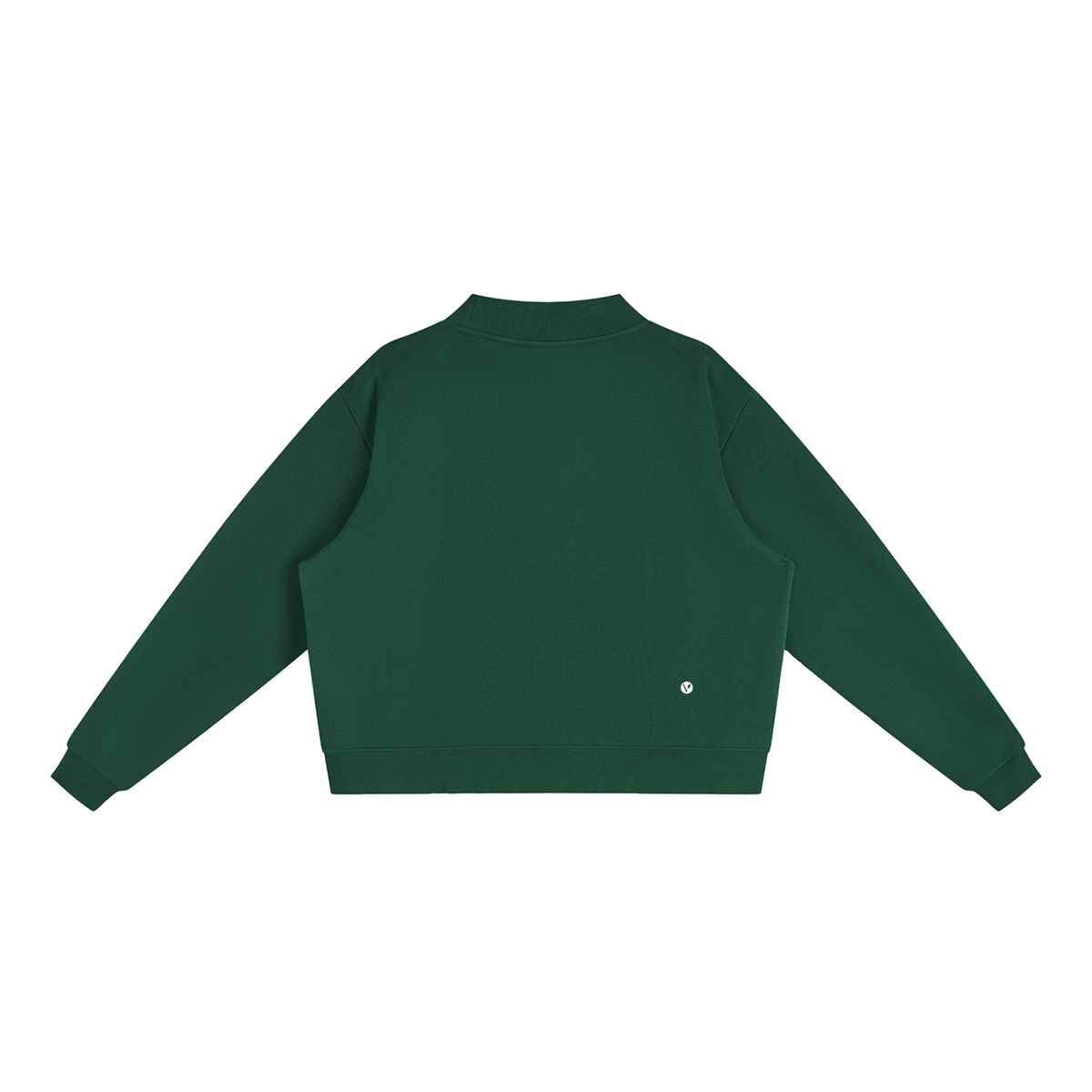 Verdant mock-neck crewneck in blackish green, back with small Verdant V logo