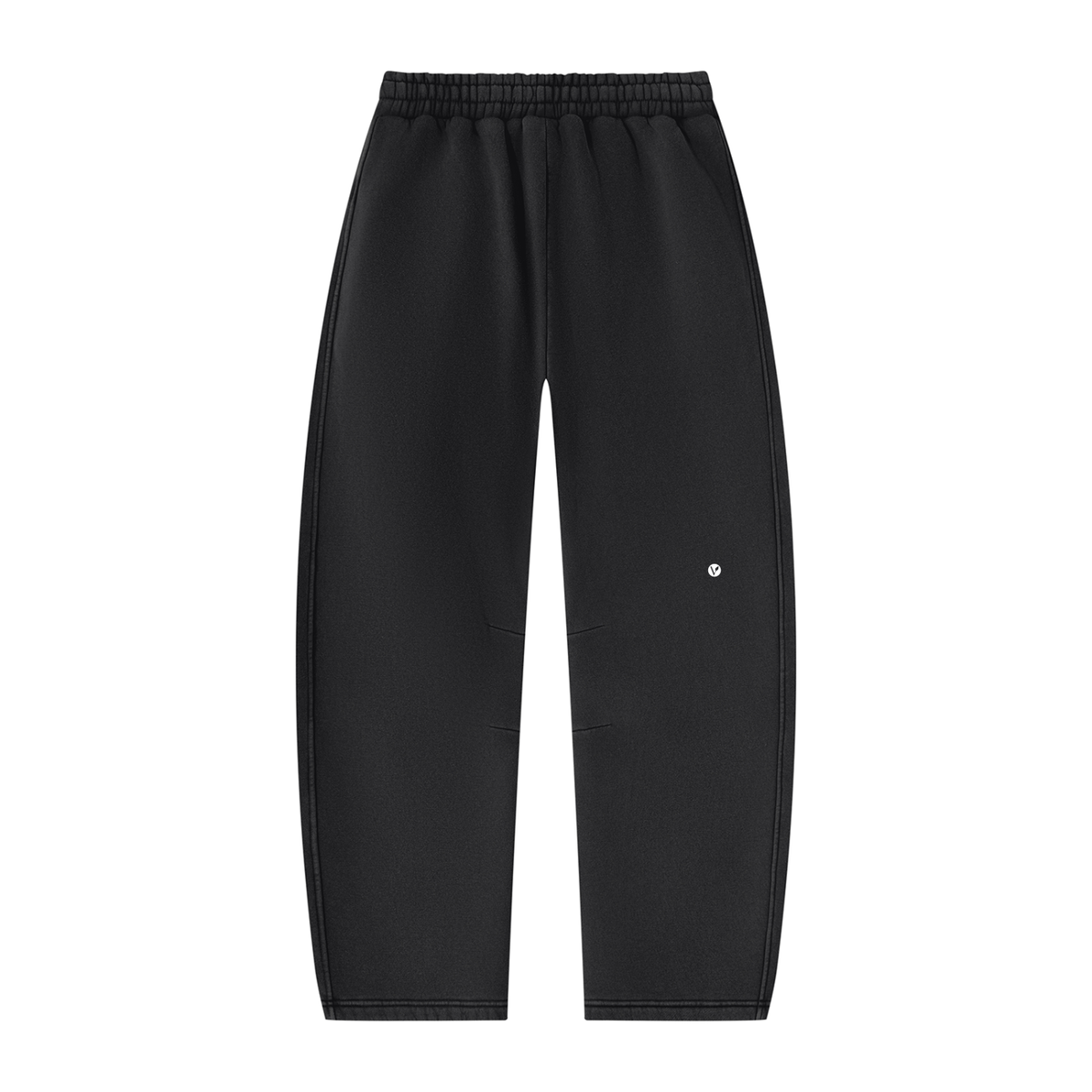 Wild Ones vintage wash barrel-leg sweatpants in black, back with small Verdant V logo on the leg