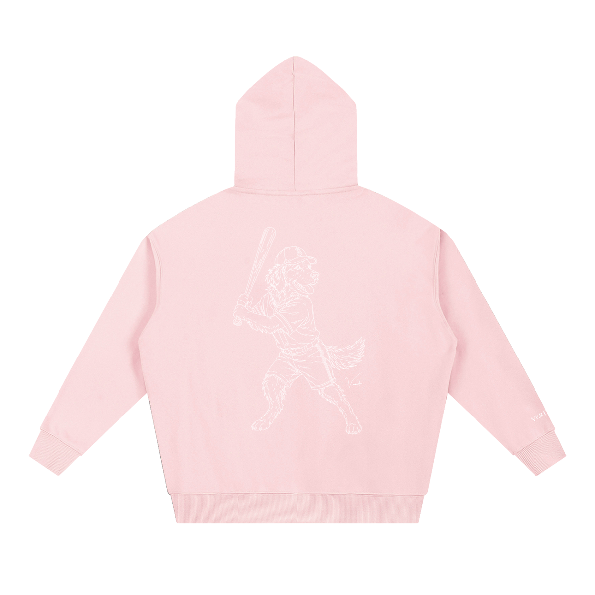 Dog Days Whiff hoodie in pink, back with hand-drawn golden retriever batter in a ball cap