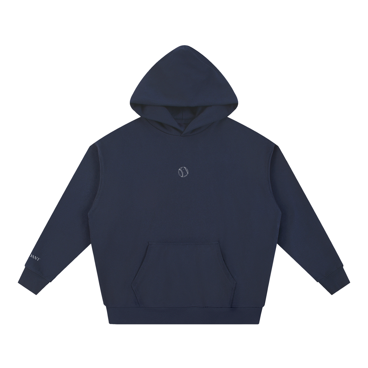 Dog Days Whiff hoodie in navy blue, front with small baseball chest graphic