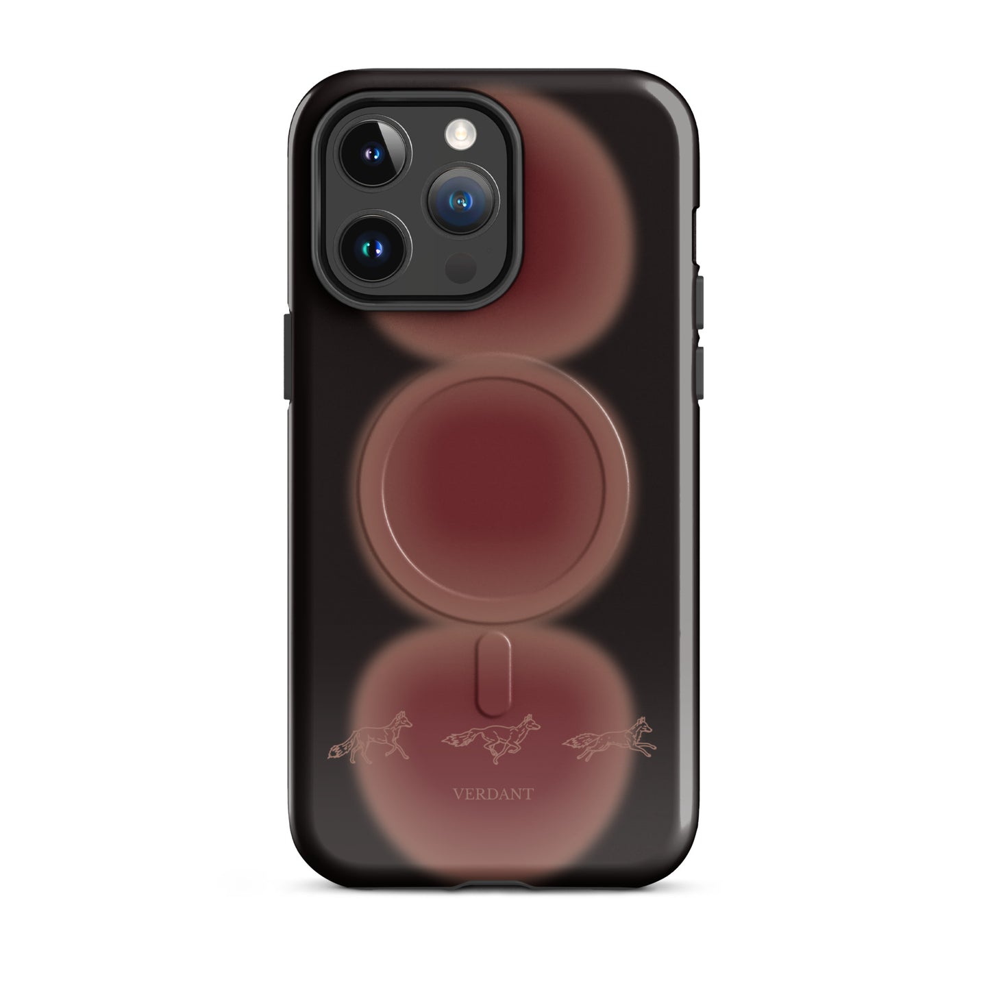 Wild Ones fox MagSafe tough case on iPhone 14 Pro Max - three hand-drawn foxes running over a rust ember glow on a near-black case