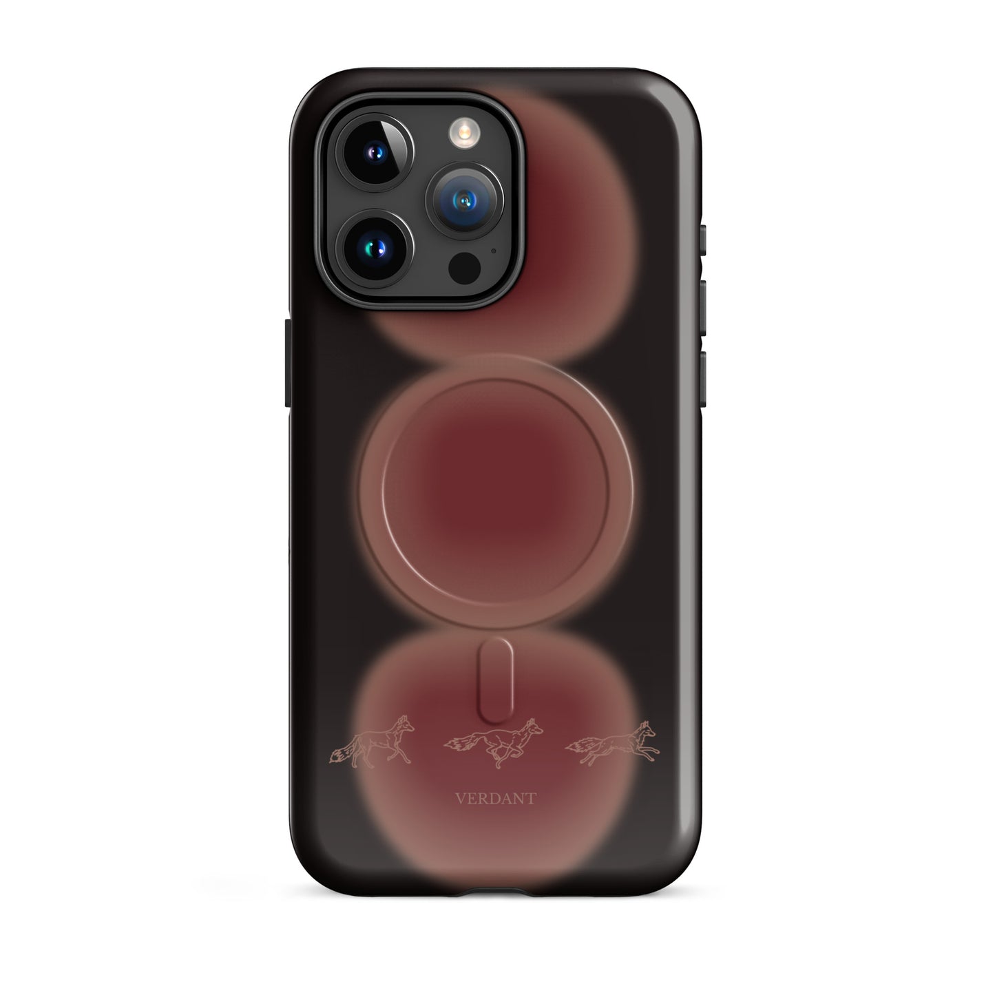 Wild Ones fox MagSafe tough case on iPhone 15 Pro Max - three hand-drawn foxes running over a rust ember glow on a near-black case