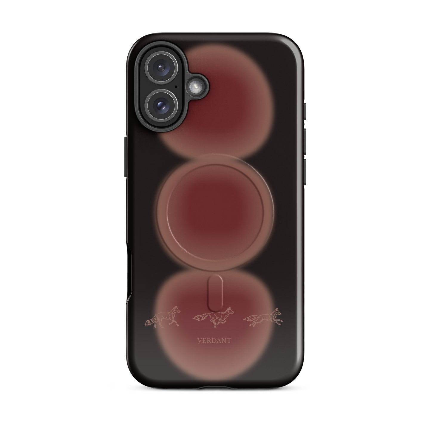 Wild Ones fox MagSafe tough case on iPhone 16 Plus - three hand-drawn foxes running over a rust ember glow on a near-black case