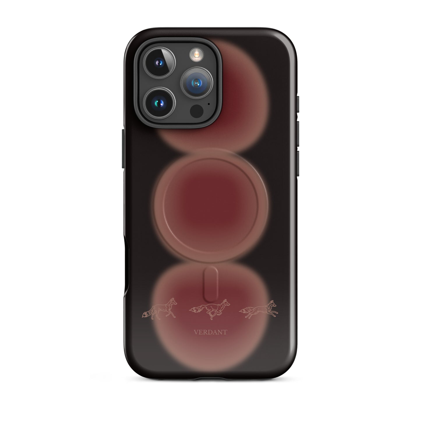 Wild Ones fox MagSafe tough case on iPhone 16 Pro Max - three hand-drawn foxes running over a rust ember glow on a near-black case