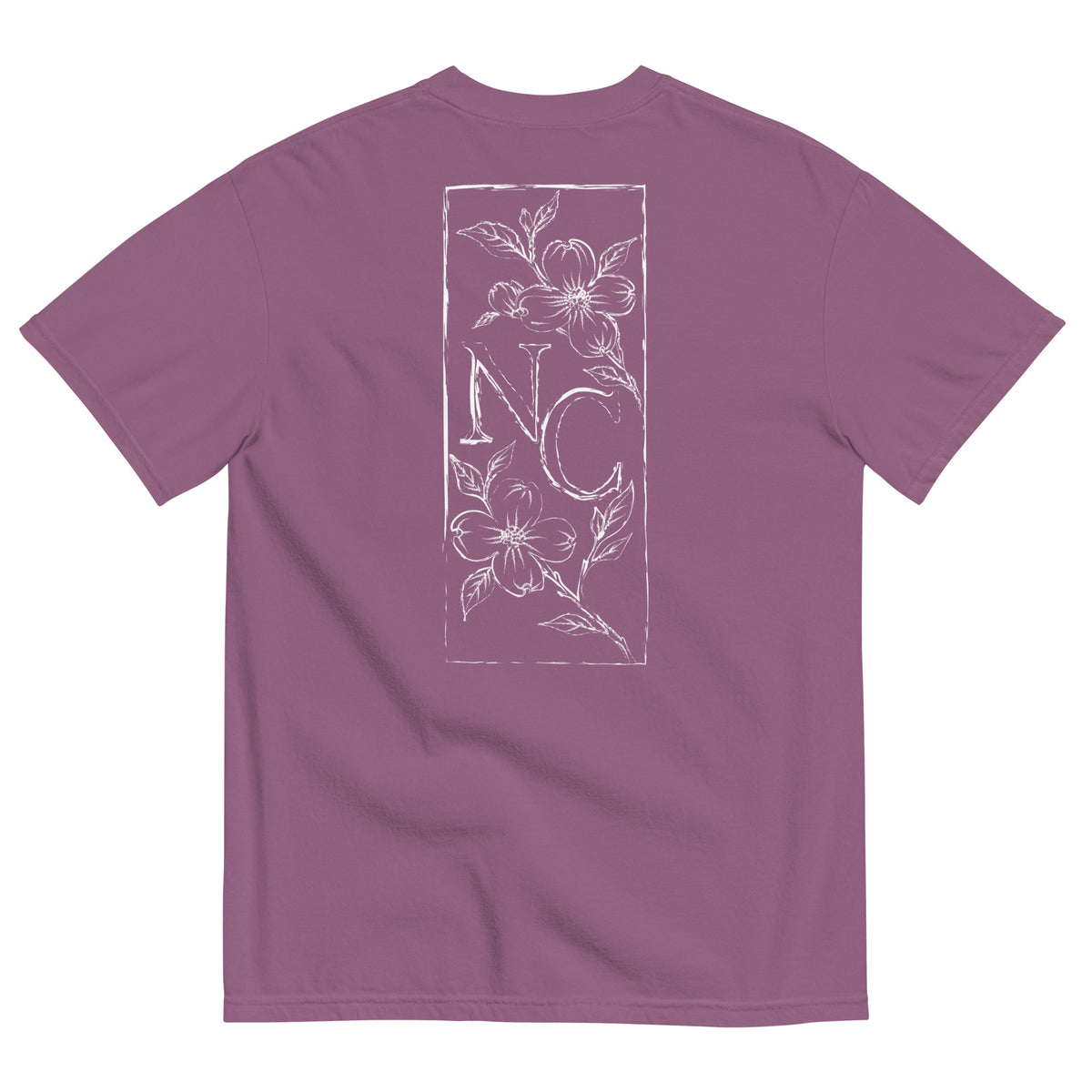 Dogwood State Midweight Tee in Berry - back, hand-drawn dogwood blossoms framing NC