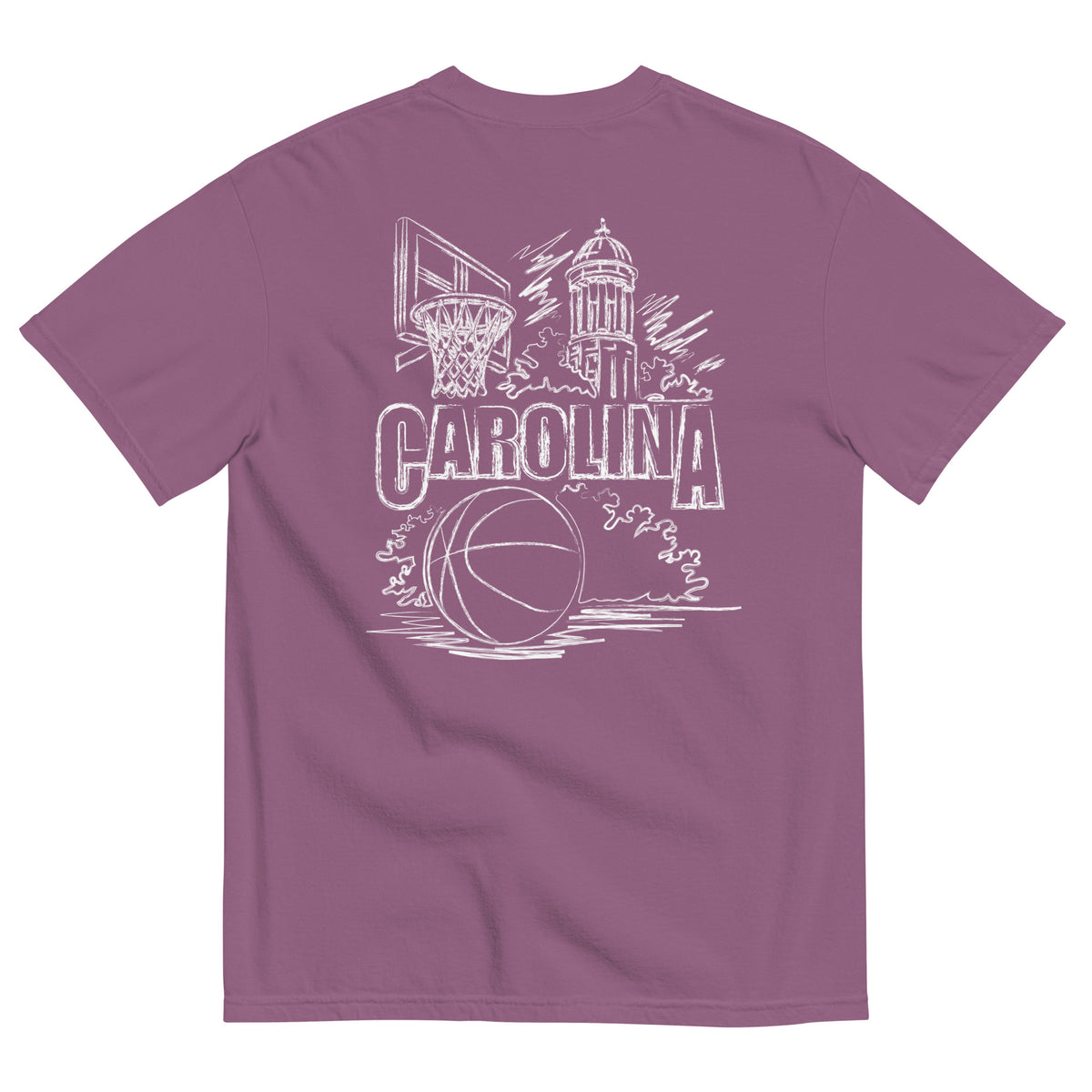 North Cackalackie Midweight Tee in Berry - back, hand-drawn basketball, hoop, and bell tower sketch