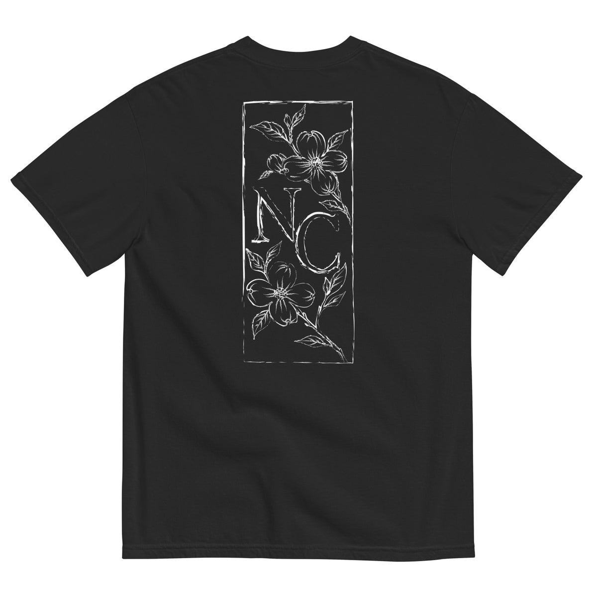 Dogwood State Midweight Tee in Black - back, hand-drawn dogwood blossoms framing NC