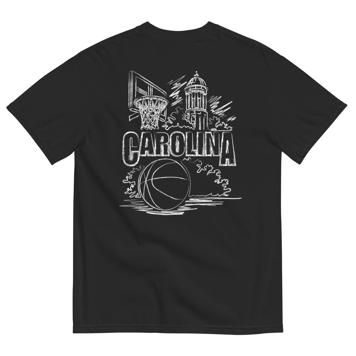 North Cackalackie Midweight Tee in Black - back, hand-drawn basketball, hoop, and bell tower sketch