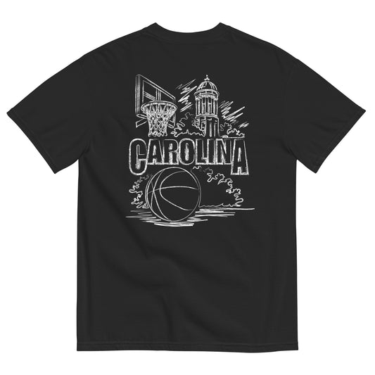 North Cackalackie Midweight Tee in Black - back, hand-drawn basketball, hoop, and bell tower sketch