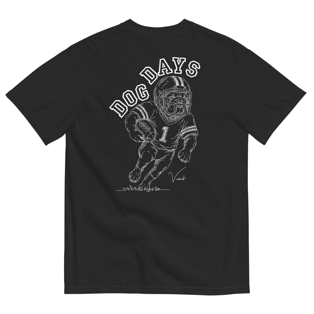 Dog Days Fumble tee in black, back with hand-drawn bulldog football player under arched DOG DAYS lettering