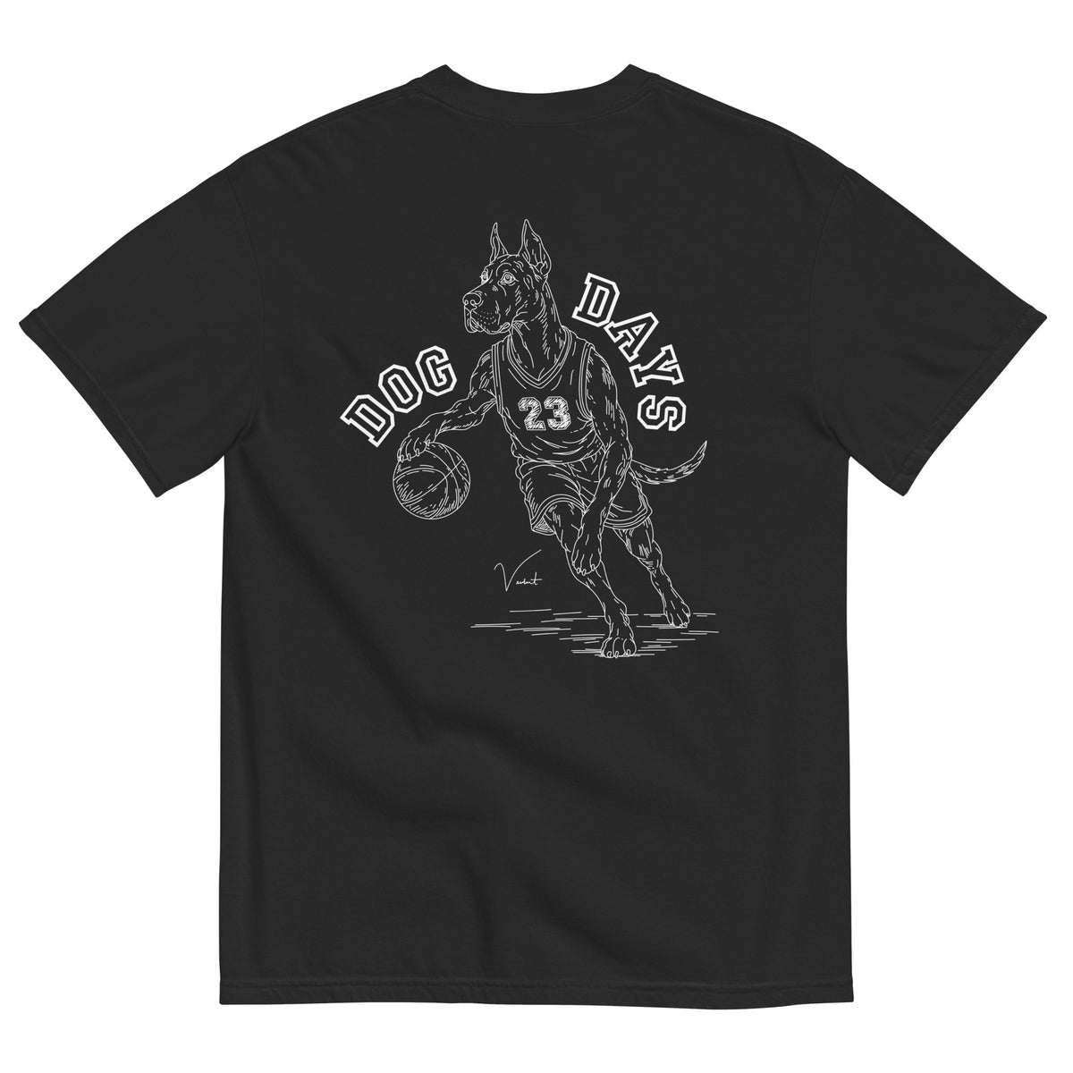 Dog Days Airball tee in black, back with hand-drawn Great Dane basketball player under arched DOG DAYS lettering