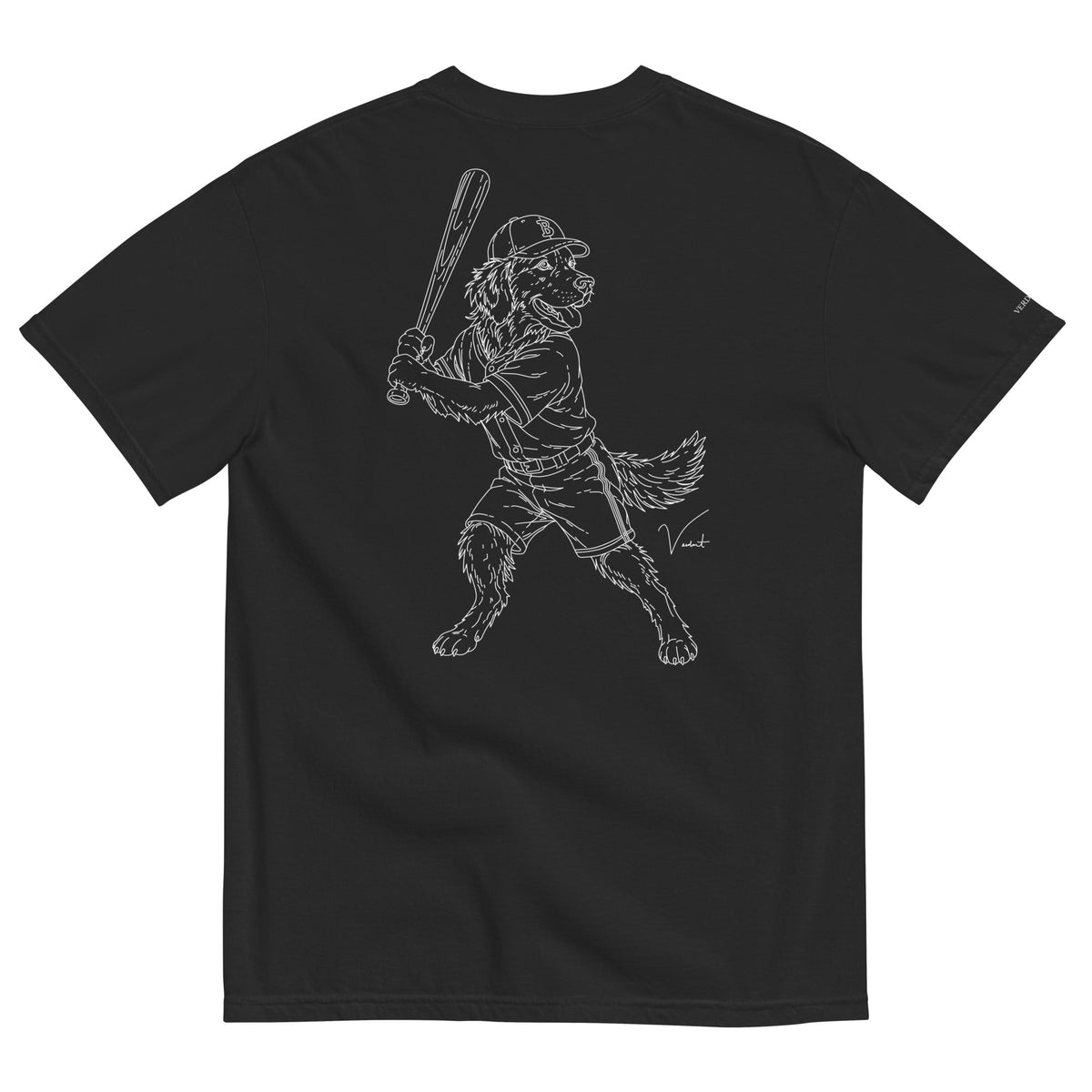 Dog Days Whiff tee in black, back with hand-drawn golden retriever batter in a ball cap