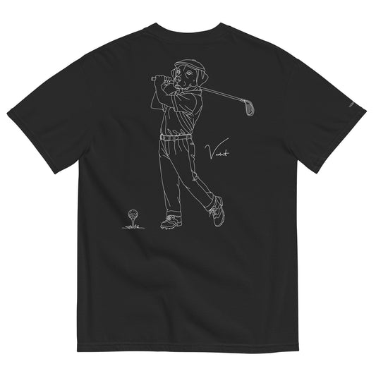 Dog Days Mulligan tee in black, back with hand-drawn lab golfer mid-swing and a ball on a tee